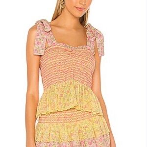 LoveShackFancy Floral Pink and Yellow Ruffle Top and Skirt set
